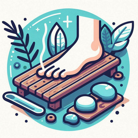 Foot massage on a wooden platform. Vector illustration in flat style.のイラスト素材