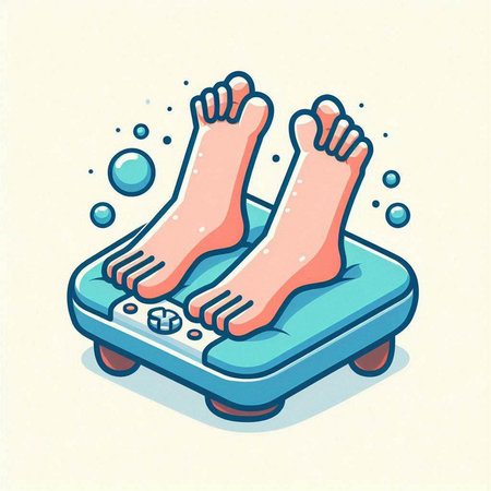 Bathroom scale with human feet. Vector illustration of a healthy lifestyle.のイラスト素材
