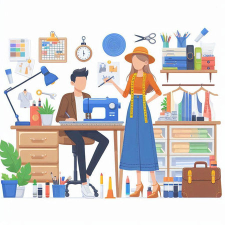 Dressmaker and fashion designer at work. Vector illustration in flat styleのイラスト素材