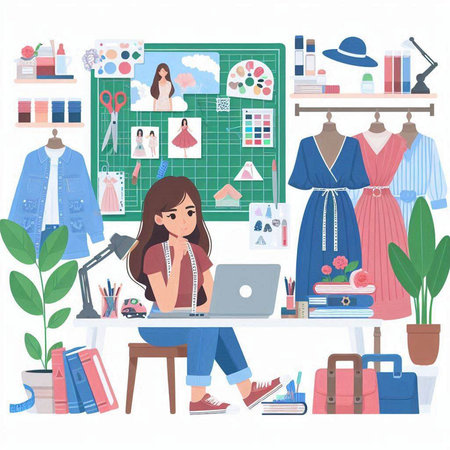 Illustration of a seamstress working in her studio. Vector illustrationのイラスト素材