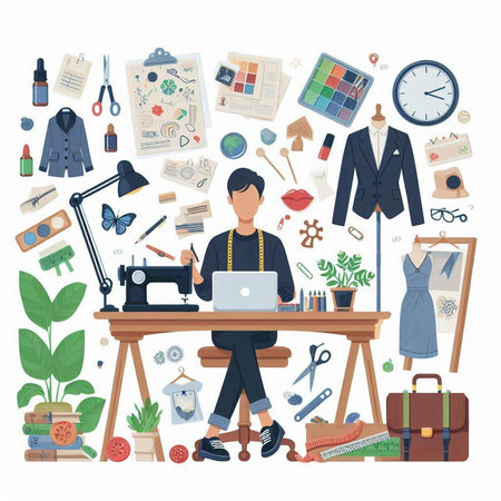 Fashion designer working at his workplace. Vector illustration in flat style.のイラスト素材