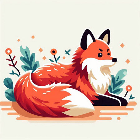 Vector illustration of a cute fox sitting on the floor in the gardenのイラスト素材