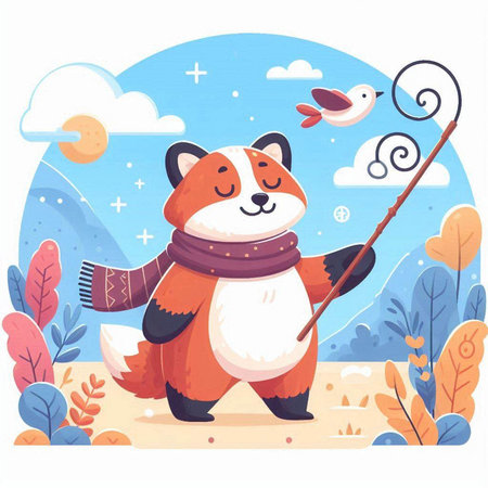 Cute cartoon red panda with a fishing rod in the forest. Vector illustrationのイラスト素材