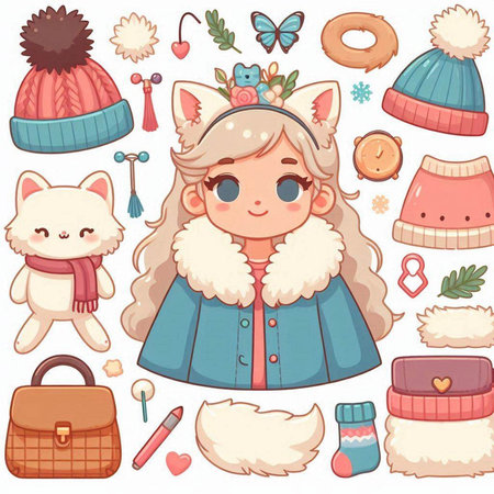 Cute little girl with winter clothes and accessories. Vector illustration.のイラスト素材