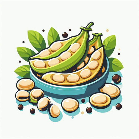 Vector illustration of fresh green beans in a bowl on white background.のイラスト素材