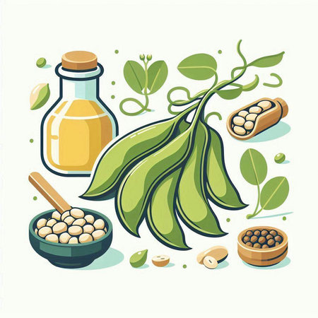 Soybean oil in a bottle and pods. Vector illustration.のイラスト素材
