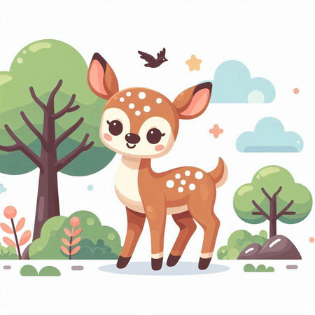 Cute cartoon deer in the forest. Vector illustration in flat styleのイラスト素材