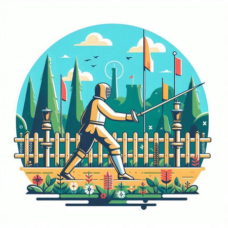 Fencing. Vector illustration of a man with a sword in his hand.のイラスト素材