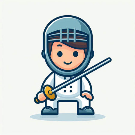 Cute boy wearing a helmet and holding a sword. Cute cartoon illustration.のイラスト素材
