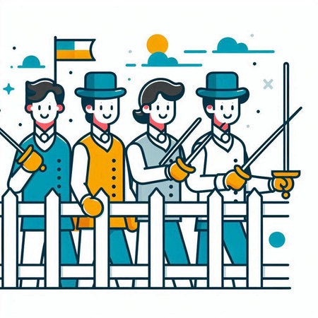 Illustration of a group of men in traditional costume sitting on a fenceのイラスト素材