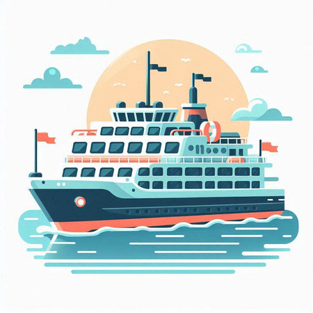Cruise ship in the sea. Vector illustration. Flat style.のイラスト素材