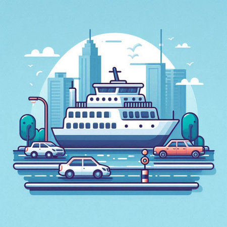 Cruise ship in the city. Vector illustration in flat style.のイラスト素材