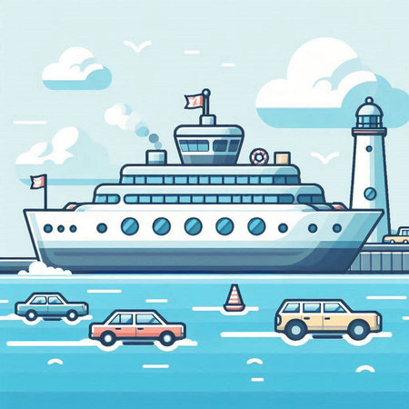 Cruise ship on the sea. Vector illustration in flat style.のイラスト素材