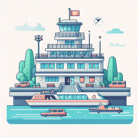 Vector illustration of a cruise ship on the river. Flat style.のイラスト素材