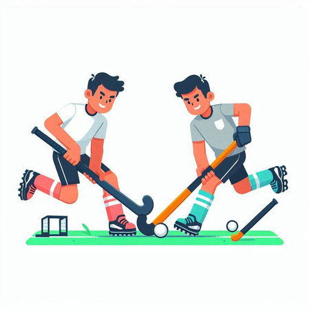 Two young men playing hockey, flat vector illustration isolated on white background.のイラスト素材