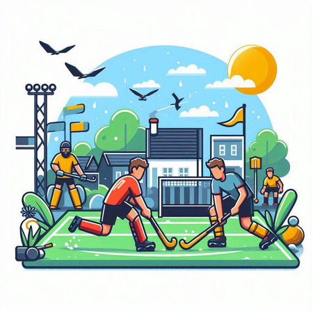 Vector illustration of a group of people playing hockey in the street.のイラスト素材