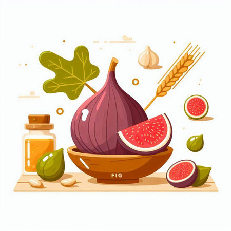 Healthy food concept with figs, honey and nuts. Vector illustration.のイラスト素材