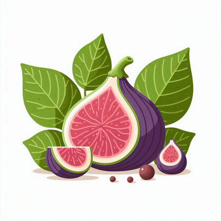 Figs with leaves isolated on white background. Vector flat illustration.のイラスト素材