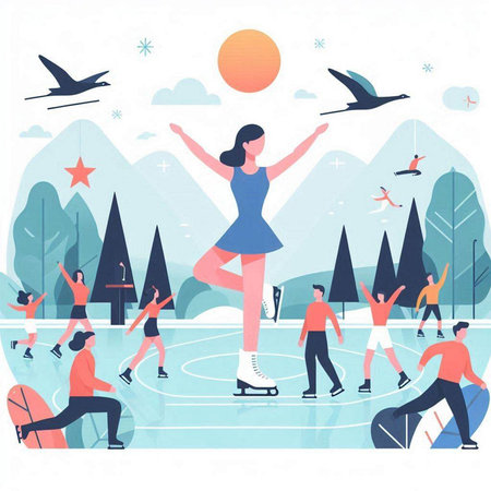 People skating on ice rink. Flat vector illustration. Ice skating concept.のイラスト素材