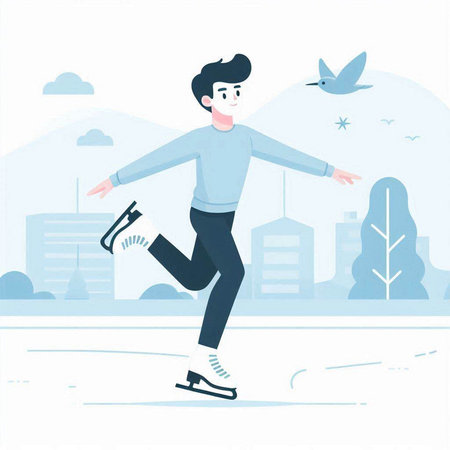 Young man skating on the ice rink. Vector illustration in flat styleのイラスト素材