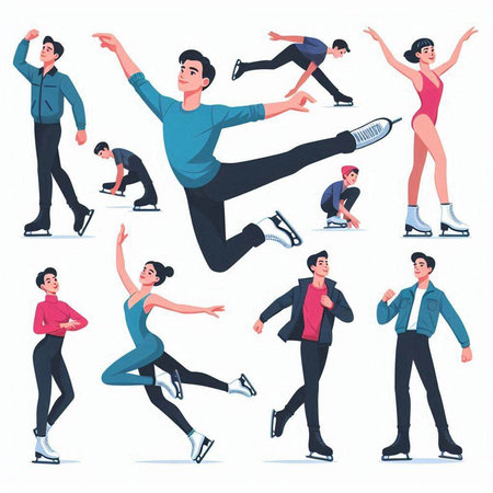 Set of people practicing figure skating. Cartoon vector illustration isolated on white background.のイラスト素材