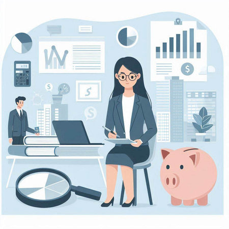 Business woman working in the office. Vector illustration in flat style.のイラスト素材