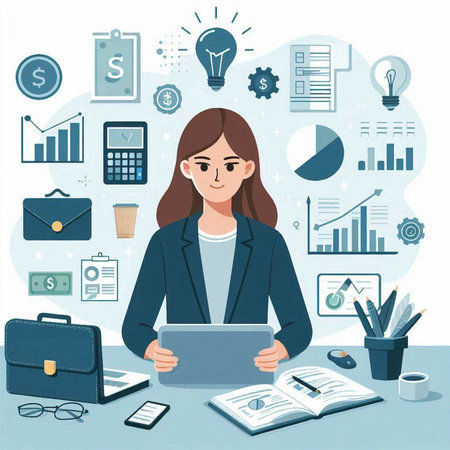 Vector illustration of a young businesswoman working at the office with a tablet.のイラスト素材