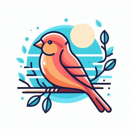 Cute red bird sitting on a branch with leaves. Vector illustration.のイラスト素材