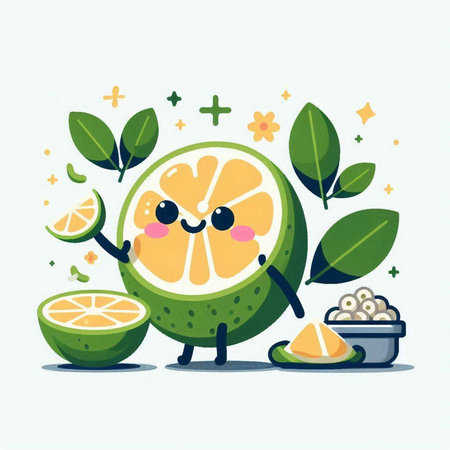 Cute lime fruit character with green leaves and fruits in cartoon style.のイラスト素材