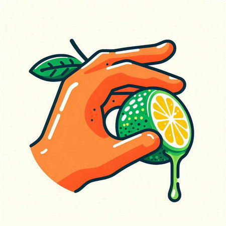 Hand drawn vector illustration of a human hand holding a slice of lime.のイラスト素材