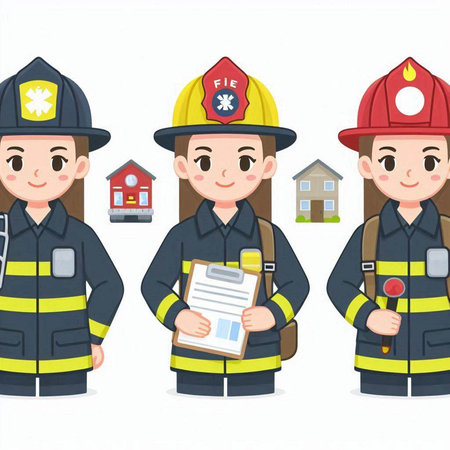 Fireman and firewoman team in uniform with clipboard vector illustration.のイラスト素材