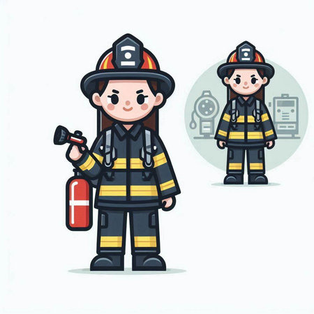 Fireman and firewoman cartoon vector illustration. Fireman and firewoman characters.のイラスト素材