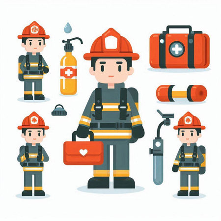 Fireman and fireman icons set. Vector illustration in flat styleのイラスト素材