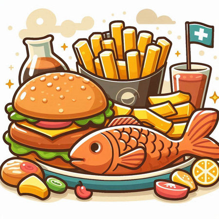 Illustration of a Fresh Fish Served on a Plate with French Friesのイラスト素材