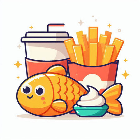 Cute cartoon fish with french fries and soda. Vector illustration.のイラスト素材