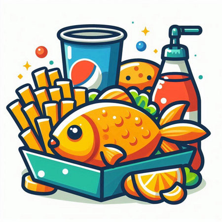 Cute cartoon vector illustration of a fish in a box with food.のイラスト素材