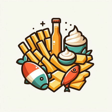 Vector illustration of french fries with fish, ice cream and mayonnaiseのイラスト素材