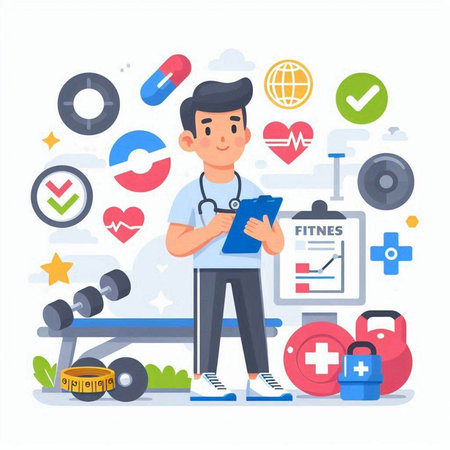 Healthy lifestyle concept. Young man in sportswear with stethoscope and clipboard. Vector illustrationのイラスト素材