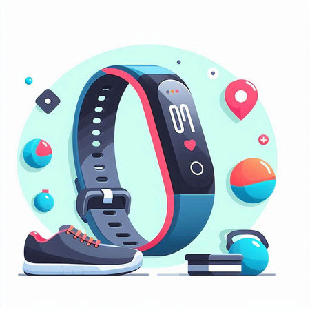Fitness tracker, running shoes, fitness tracker. Vector illustration in flat styleのイラスト素材