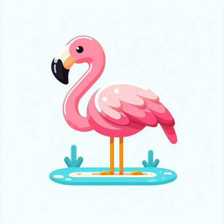 Pink flamingo on the island. Vector illustration in cartoon style.のイラスト素材