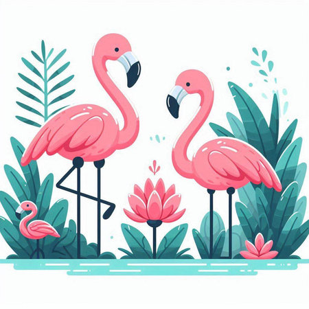 Vector illustration of two pink flamingo on the background of tropical plants.のイラスト素材