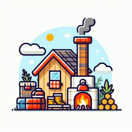 Vector illustration of a country house with chimney and firewood.のイラスト素材