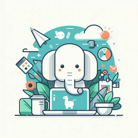 Cute elephant with laptop. Modern flat design style vector illustration.のイラスト素材