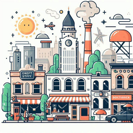 Cityscape with buildings and architecture. Vector illustration in flat style.のイラスト素材