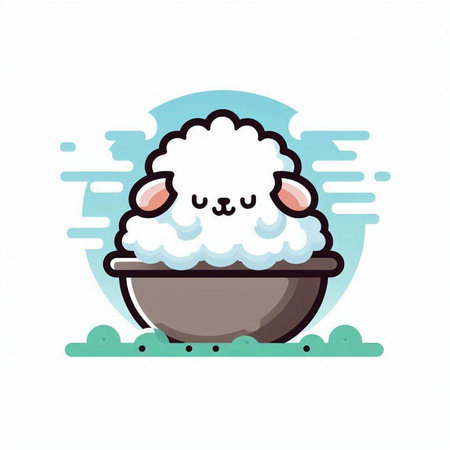 Cute cartoon sheep in a bowl of milk. Vector illustration.のイラスト素材