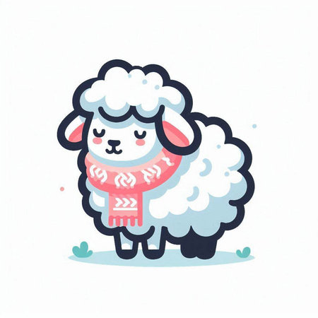 Cute cartoon sheep with scarf. Vector illustration on white background.のイラスト素材