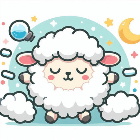 Illustration of a Cute Sheep Mascot with Moon and Starsのイラスト素材