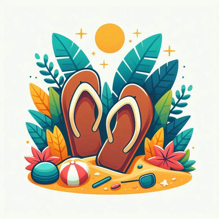 Vector summer illustration with flip flops, beach ball, palm leaves and sunglasses.のイラスト素材