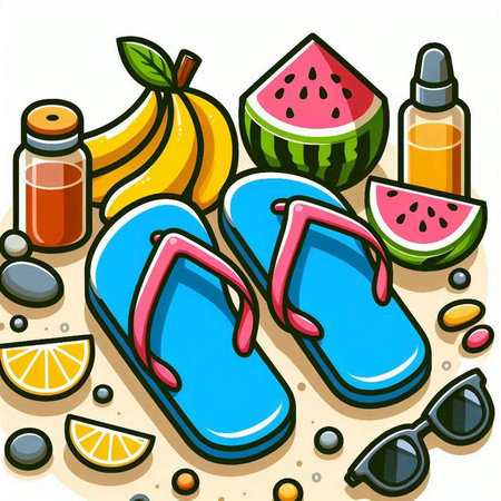 Illustration of summer objects on the beach - flip flops, watermelon, lemon, sunglassesのイラスト素材