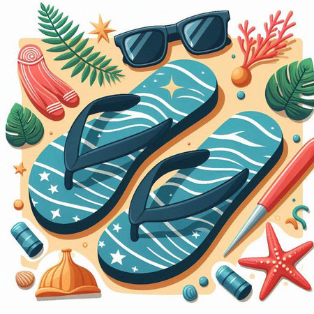 Flip flops and summer accessories. Vector illustration in cartoon styleのイラスト素材